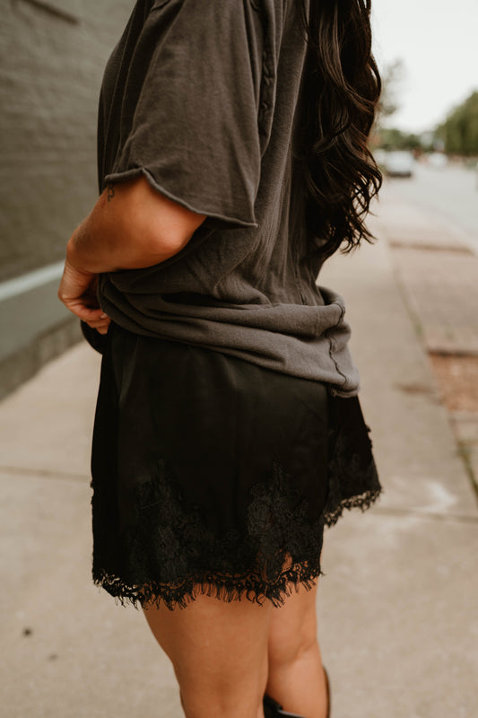 BLACK SATIN LACE TRIM SHORTS