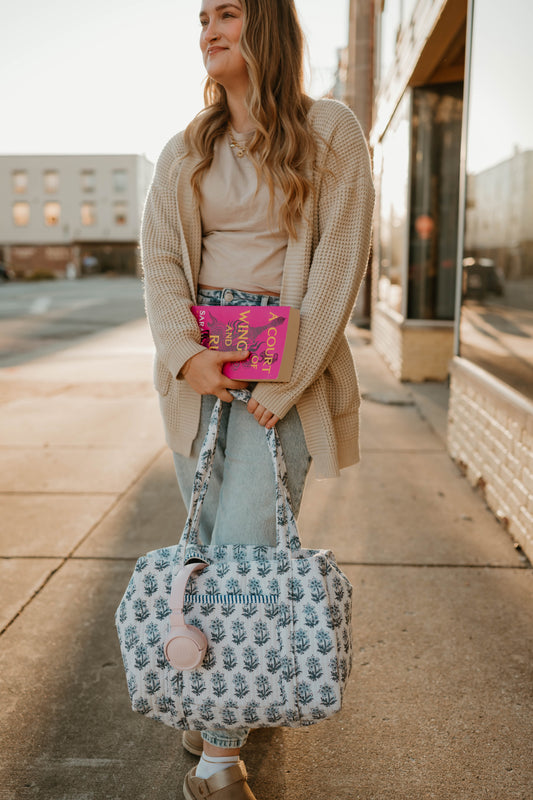 BLUE + IVORY MINI FLORAL DUFFLE