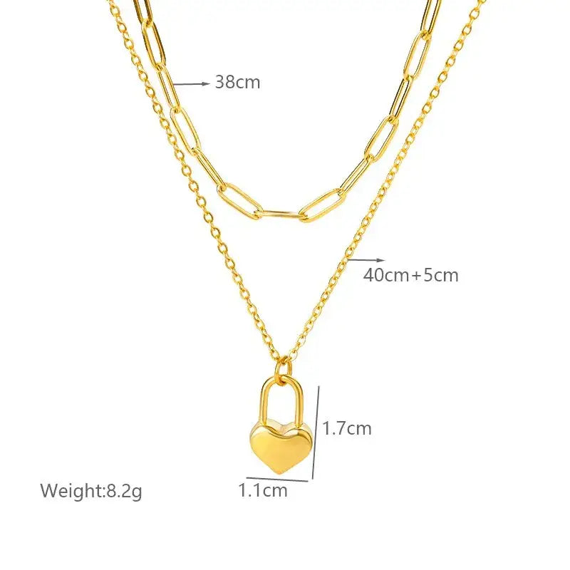 DOUBLE LAYERED PAPERCLIP CHAIN + LOCK HEART