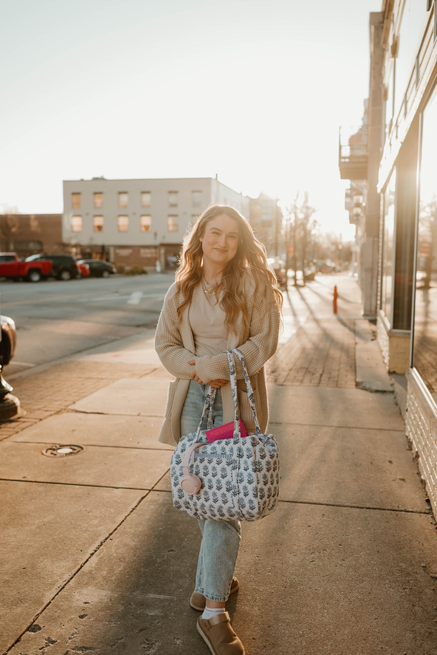 BLUE + IVORY MINI FLORAL DUFFLE