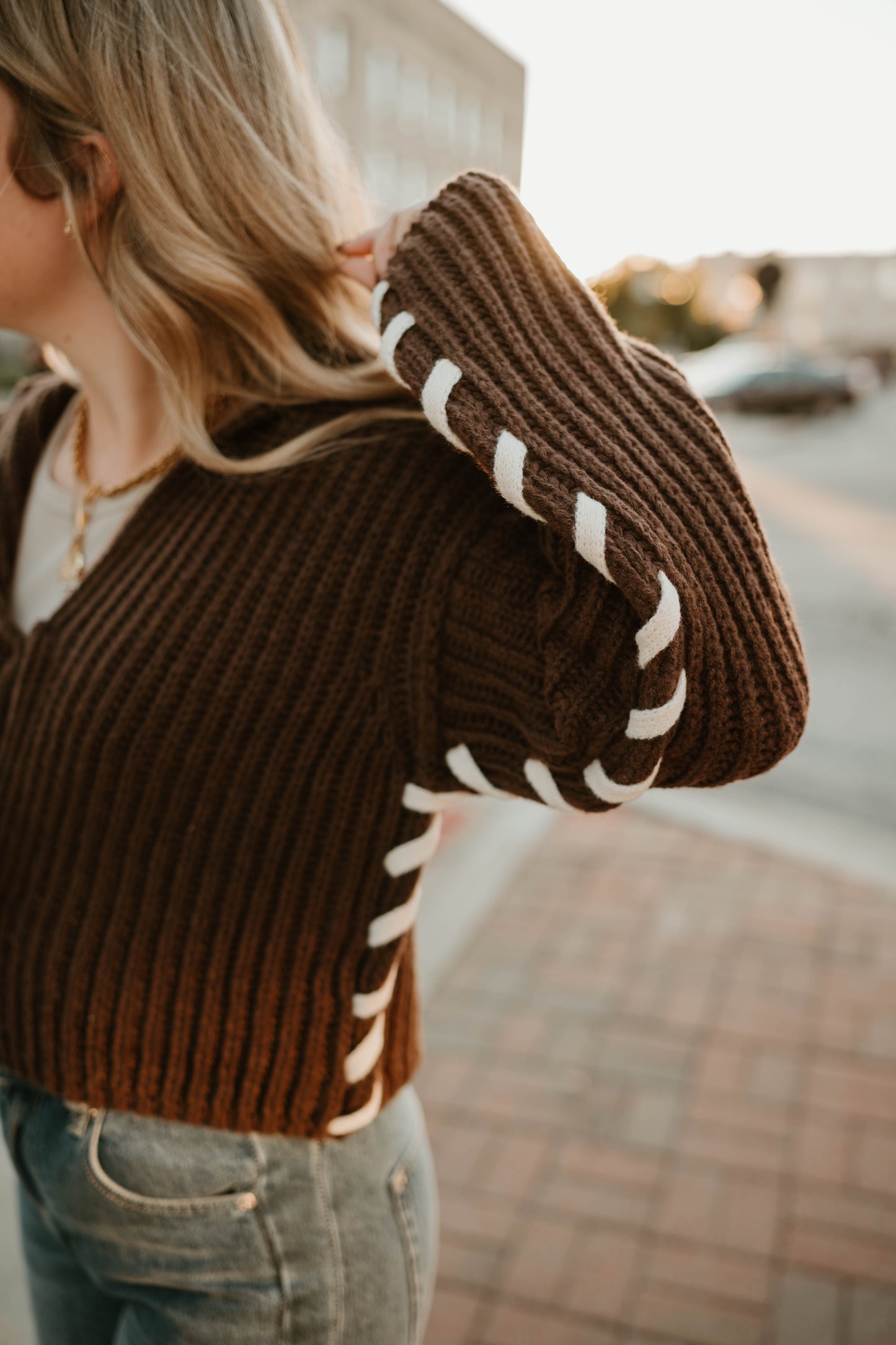CHOCOLATE COLLARED OPEN STITCH SWEATER