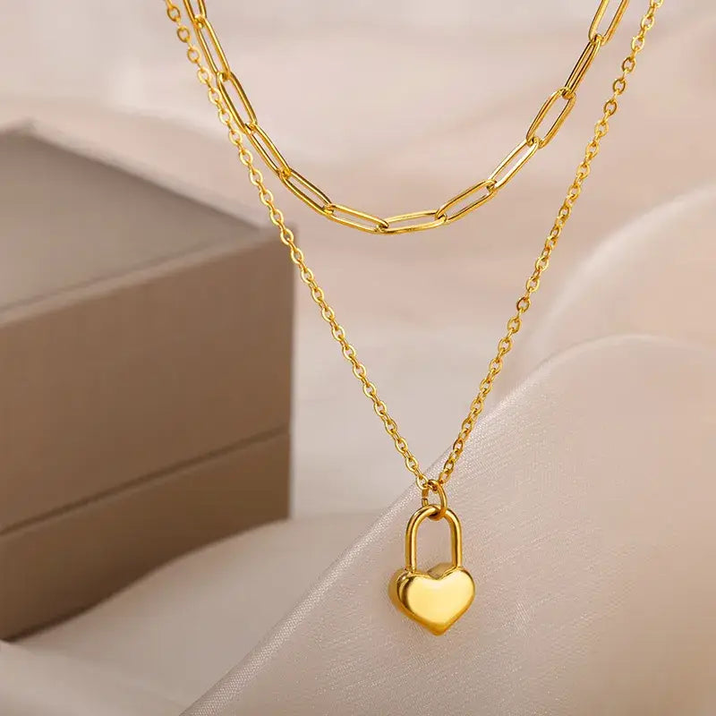DOUBLE LAYERED PAPERCLIP CHAIN + LOCK HEART