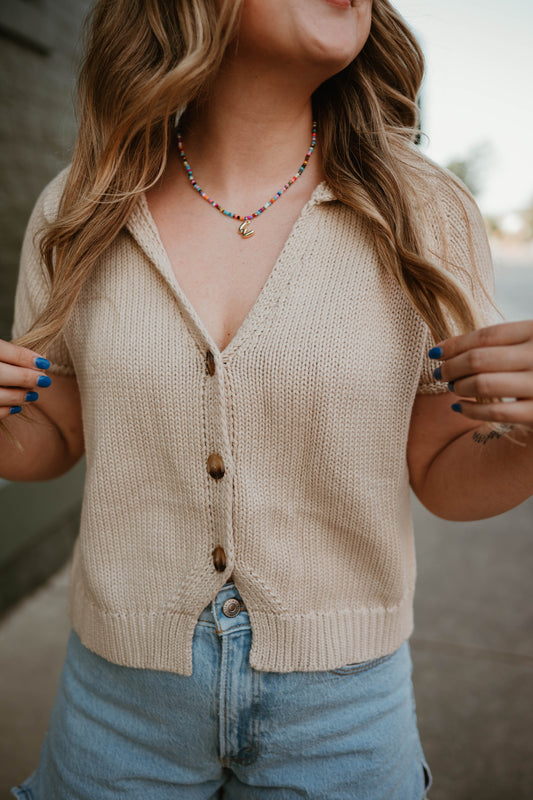 OATMEAL SHORT SLEEVE SWEATER