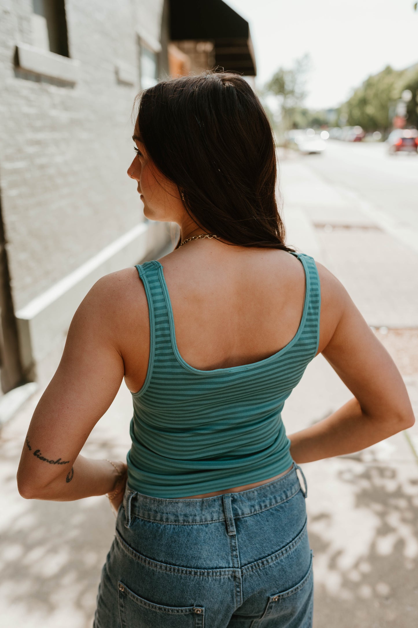 TEAL STRIPED RIBBED CROP TANK