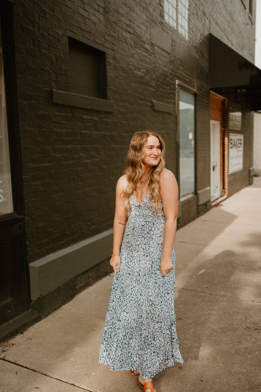 BLUE + IVORY FLORAL MIDI DRESS