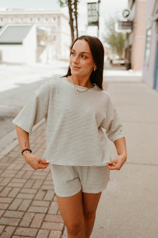 IVORY + BLACK STRIPED TEE & SHORTS SET