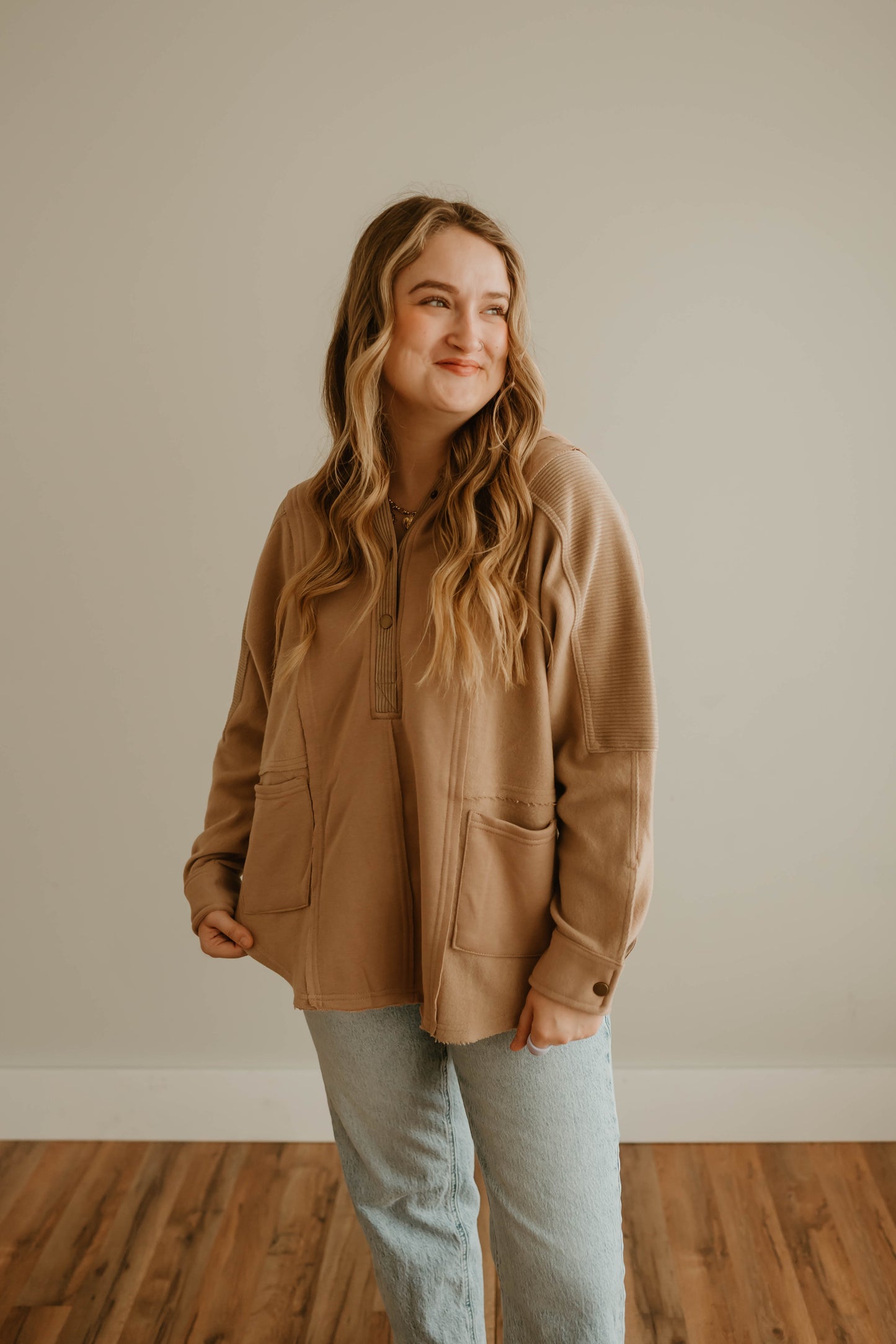 TAN HOODED HENLEY PULLOVER