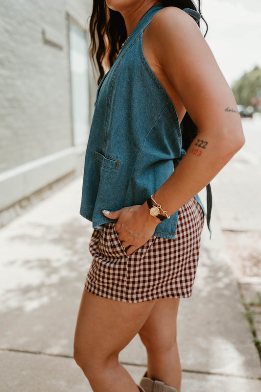 RED GINGHAM ELASTIC WAIST SHORTS