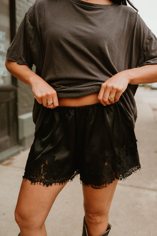 BLACK SATIN LACE TRIM SHORTS