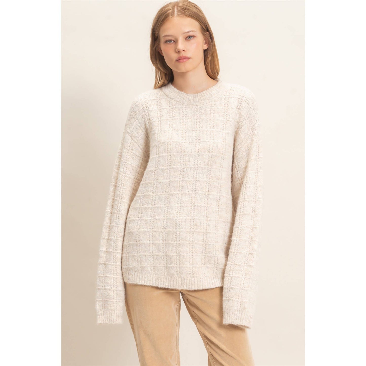 OATMEAL GRID KNIT SWEATER