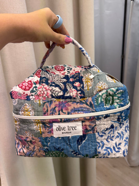 NAVY + PURPLE QUILTED PATCHWORK MAKEUP BAG