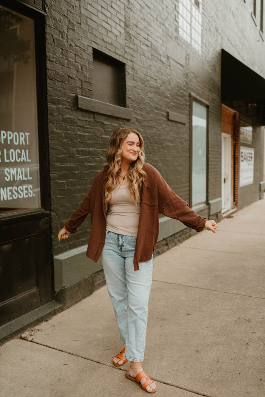 BROWN GAUZE BUTTON DOWN TOP