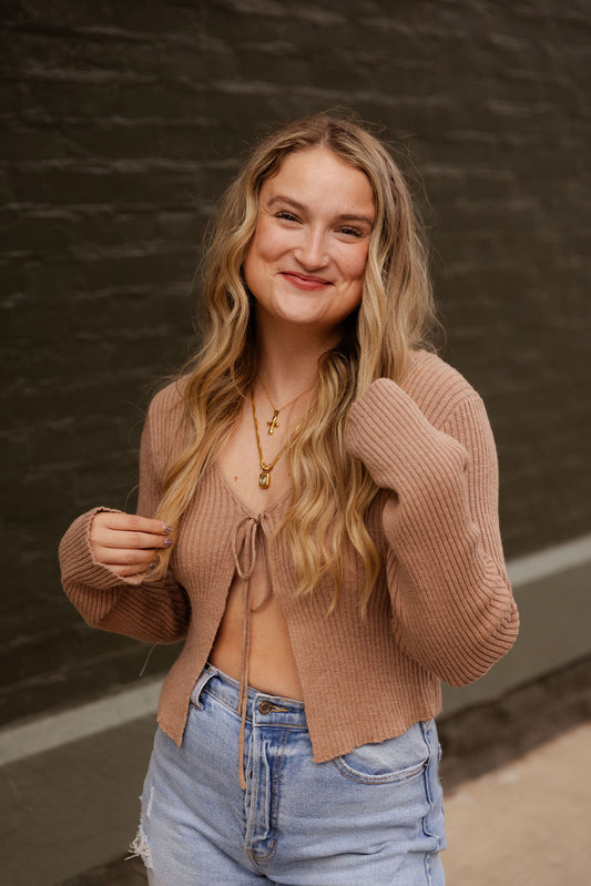 TAN TIE FRONT SWEATER