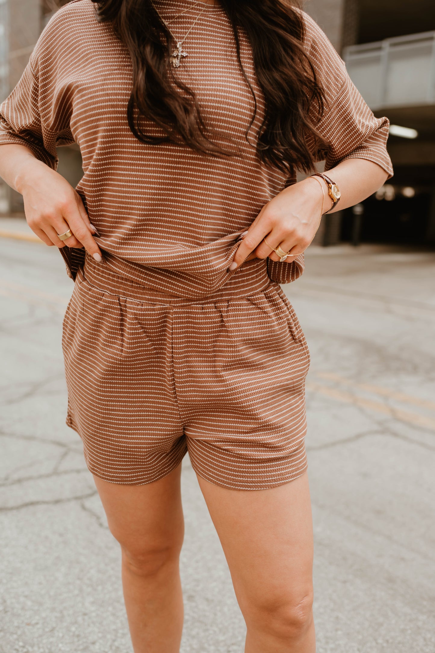 BROWN STRIPED TEE + SHORTS SET