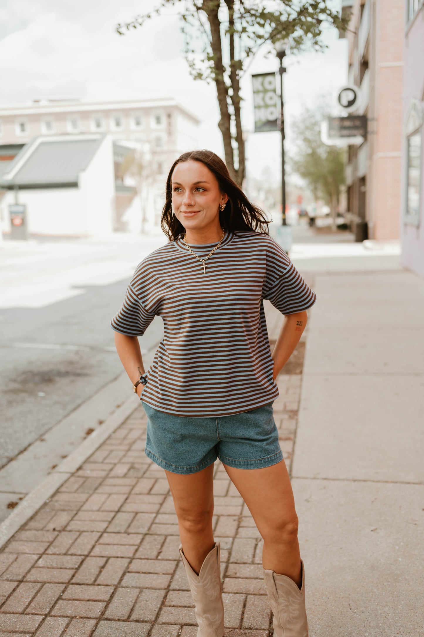 BLUE + BROWN FLEECE STRIPED TEE