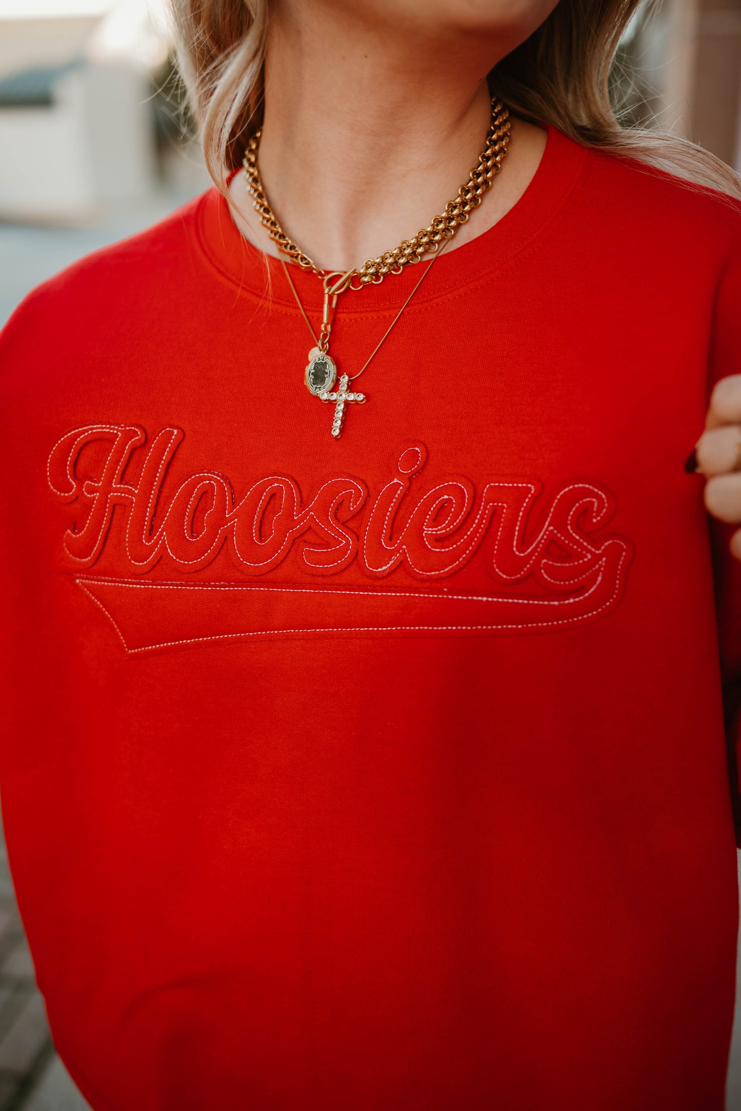 RED HOOSIERS FELT PATCH CREWNECK