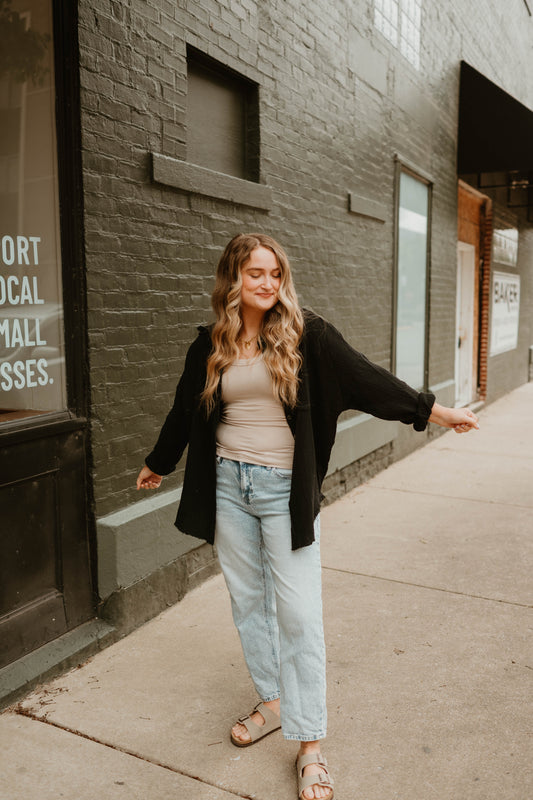 BLACK GAUZE BUTTON DOWN TOP