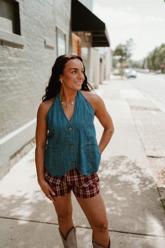 PLAID ELASTIC WAIST SHORTS