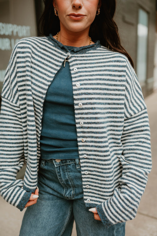 BLUE MINI STRIPED BUTTON CARDIGAN