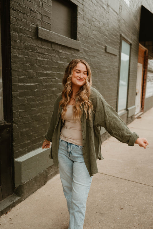 OLIVE GAUZE BUTTON DOWN TOP