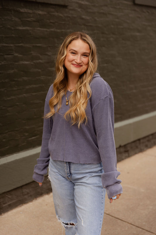 INDIGO CROPPED WAFFLE KNIT HOODIE