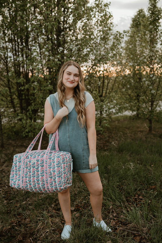 PINK + BLUE FLORAL DUFFLE BAG