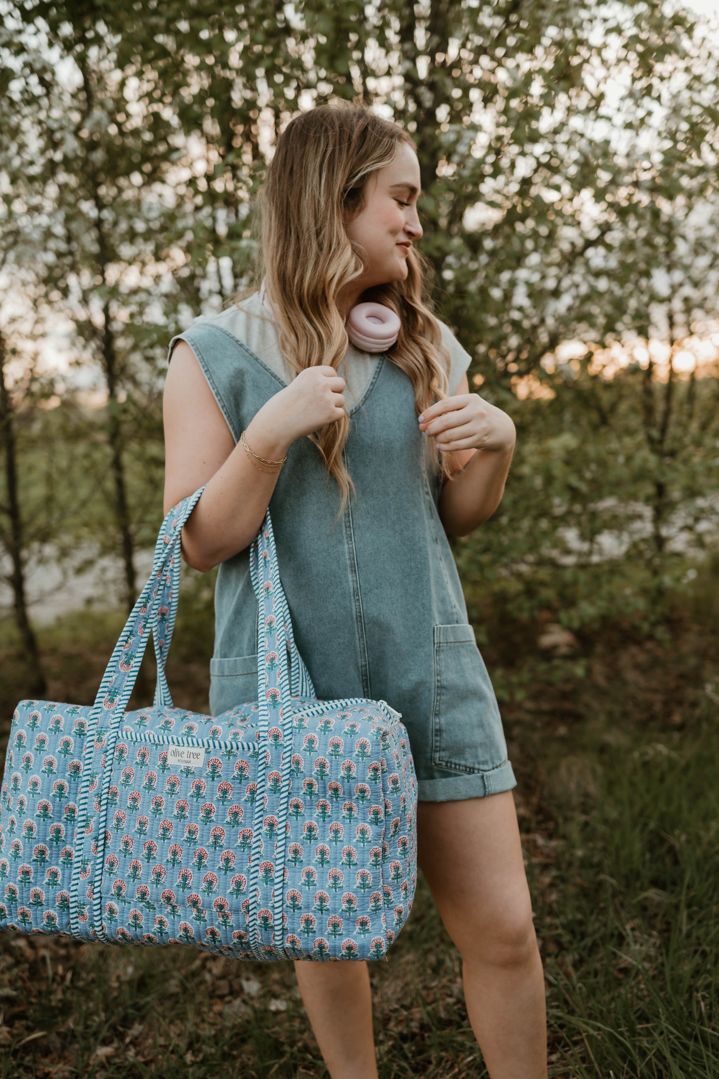 PERIWINKLE + PINK FLORAL DUFFLE BAG