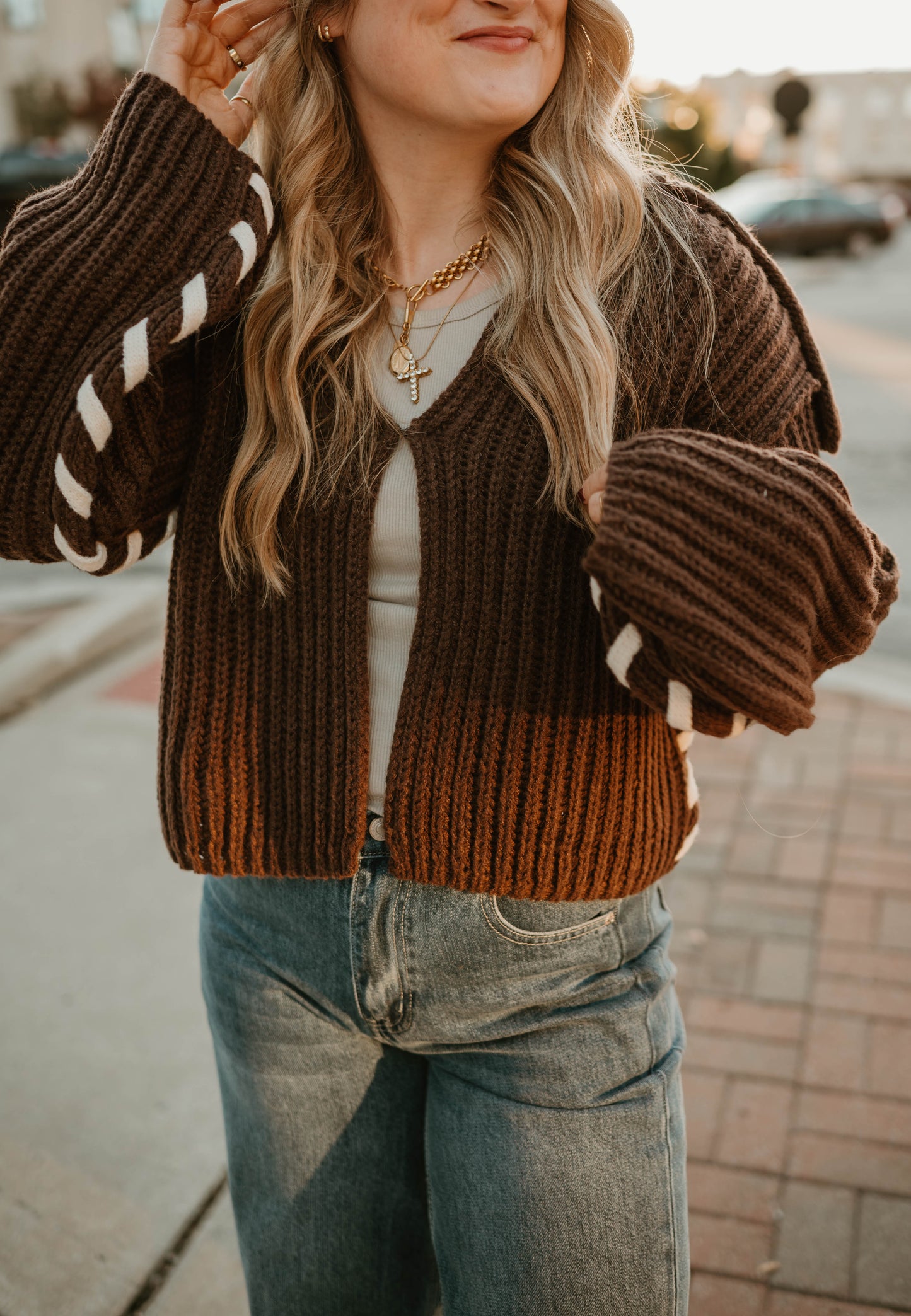 CHOCOLATE COLLARED OPEN STITCH SWEATER