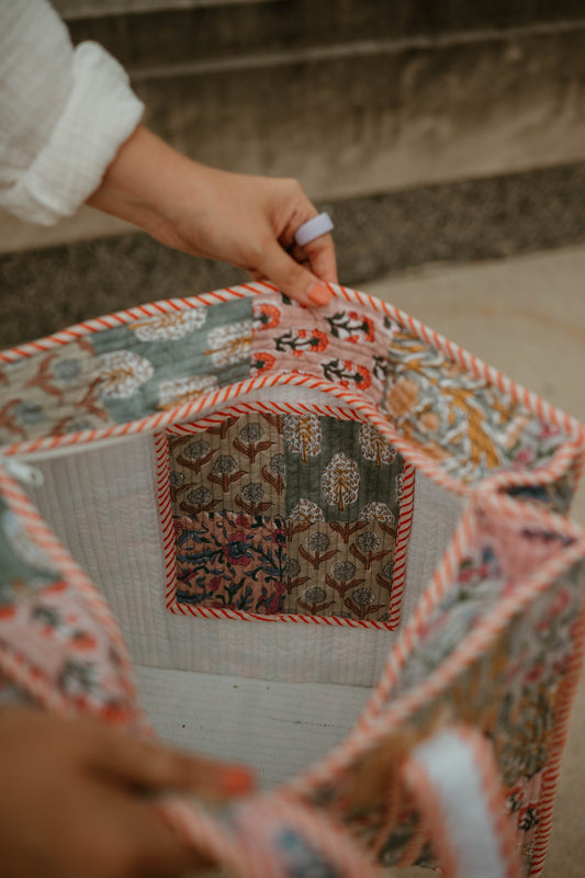 SAGE + PINK PATCH QUILTED TOTE BAG