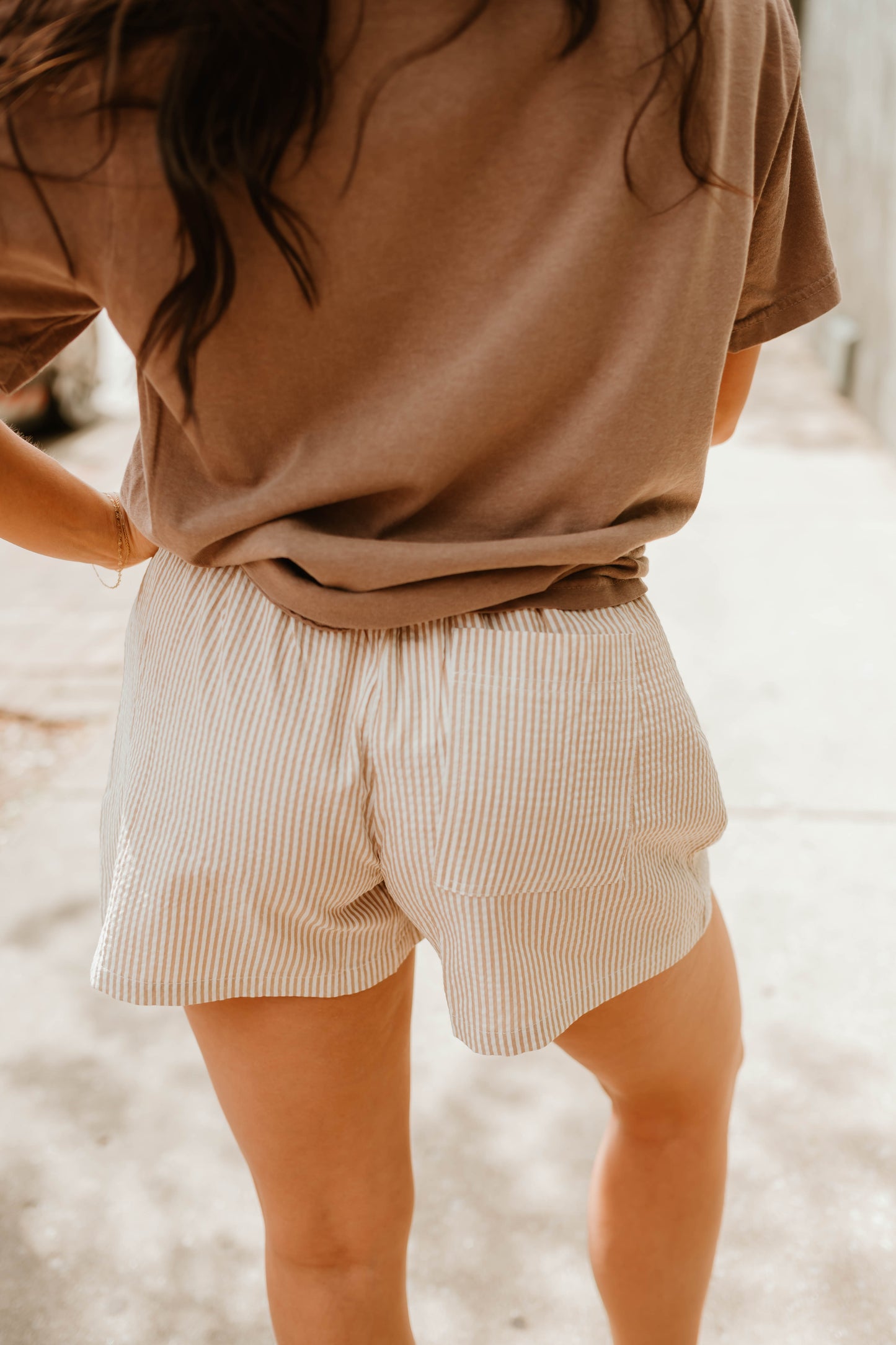 TAUPE STRIPED DRAWSTRING SHORTS
