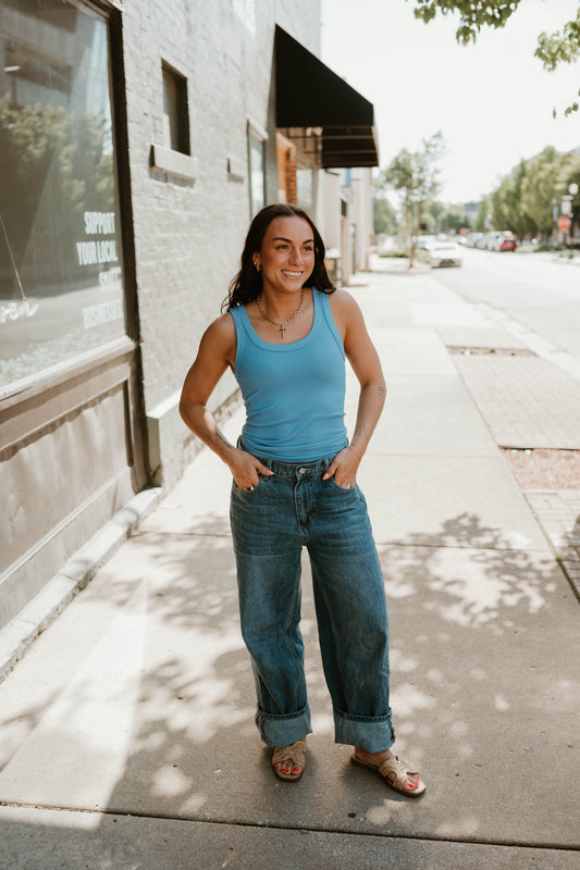BLUE REVERSIBLE RIBBED KNIT TANK