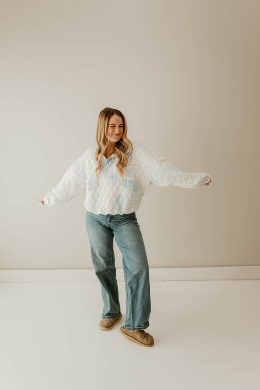 QUILTED BLUE HALF BUTTON PULLOVER