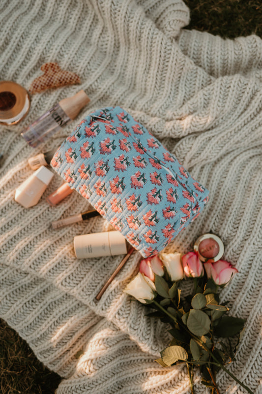 BLUE + PINK FLORAL MAKEUP BAG