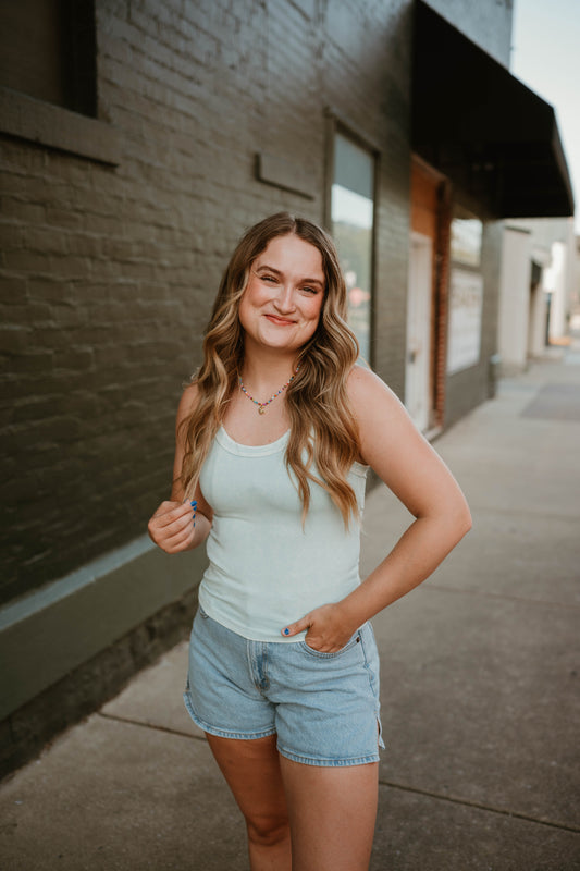 LIGHT AQUA MINERAL RIBBED STRETCH TANK