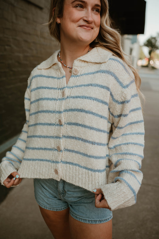 IVORY + BLUE STRIPED BUTTON SWEATER