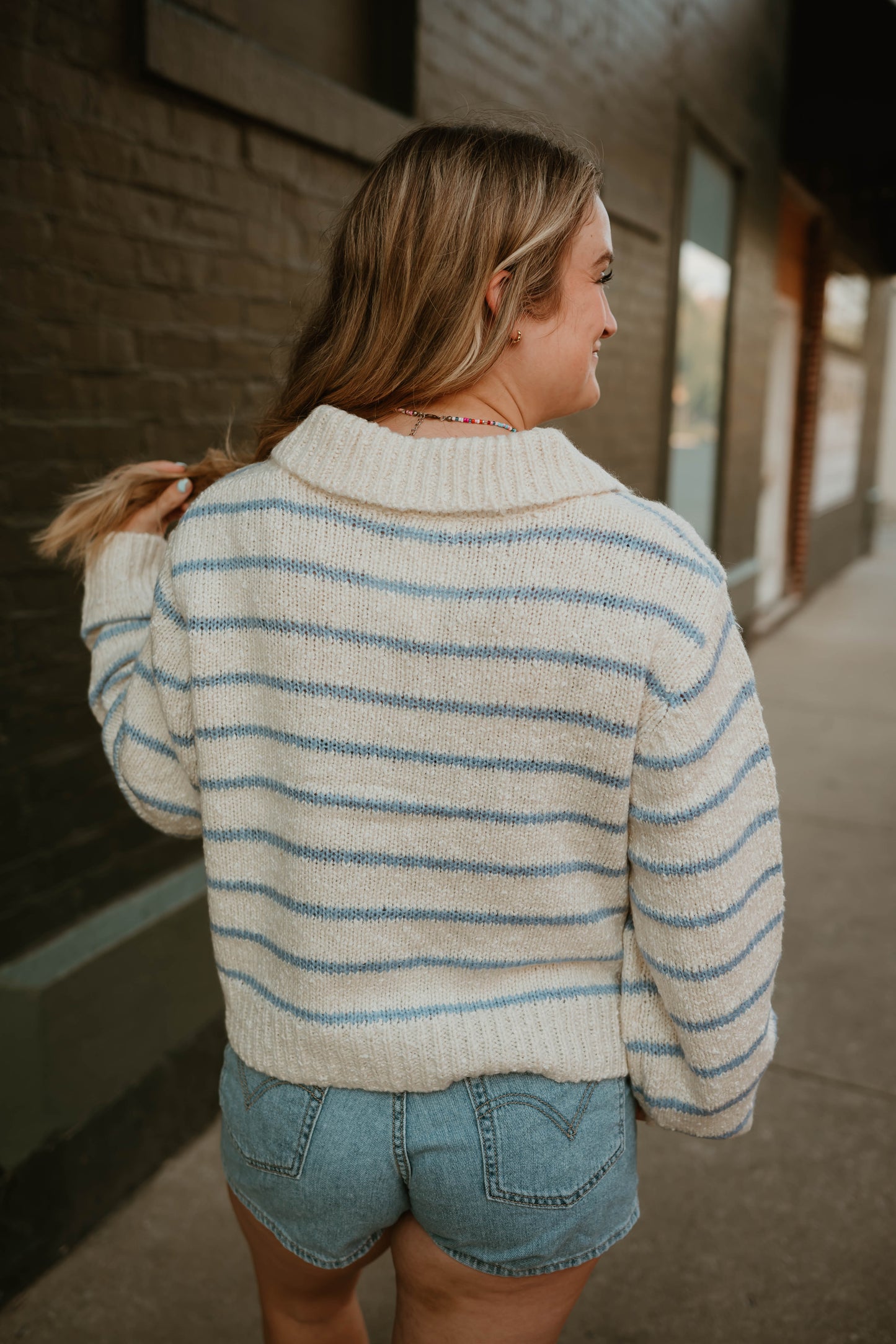 IVORY + BLUE STRIPED BUTTON SWEATER