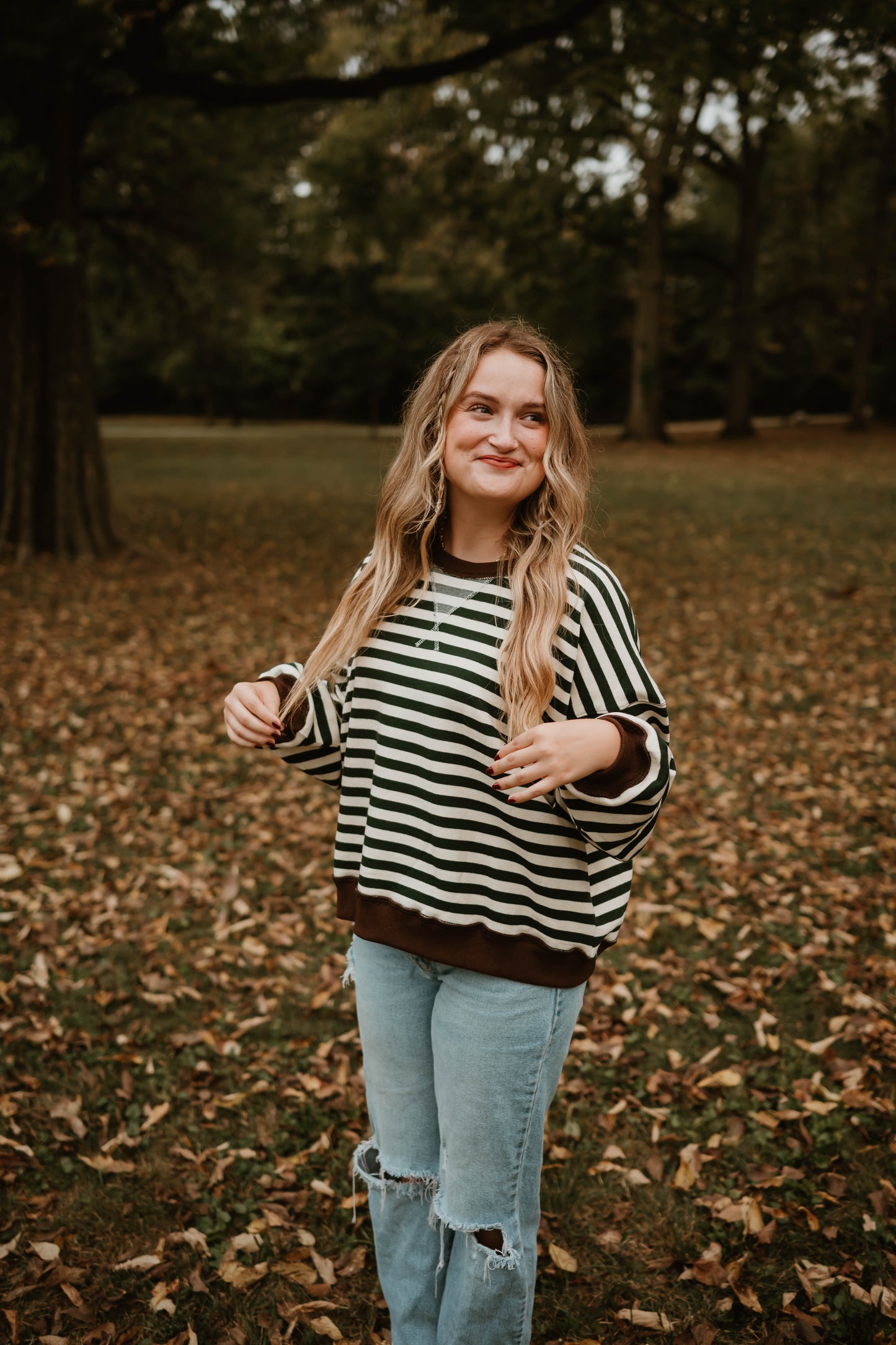 FOREST GREEN + BROWN STRIPED PULLOVER