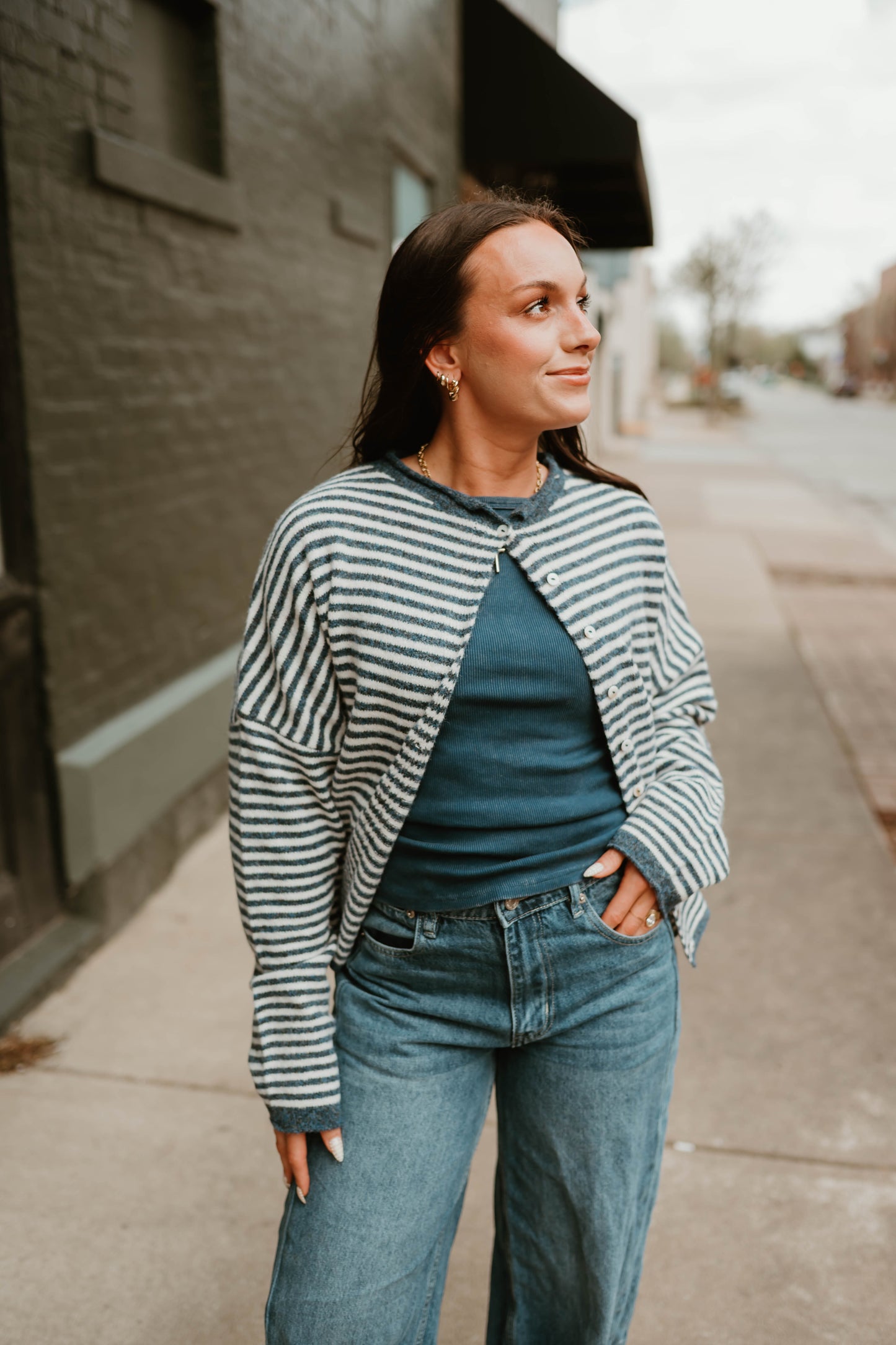 BLUE MINI STRIPED BUTTON CARDIGAN