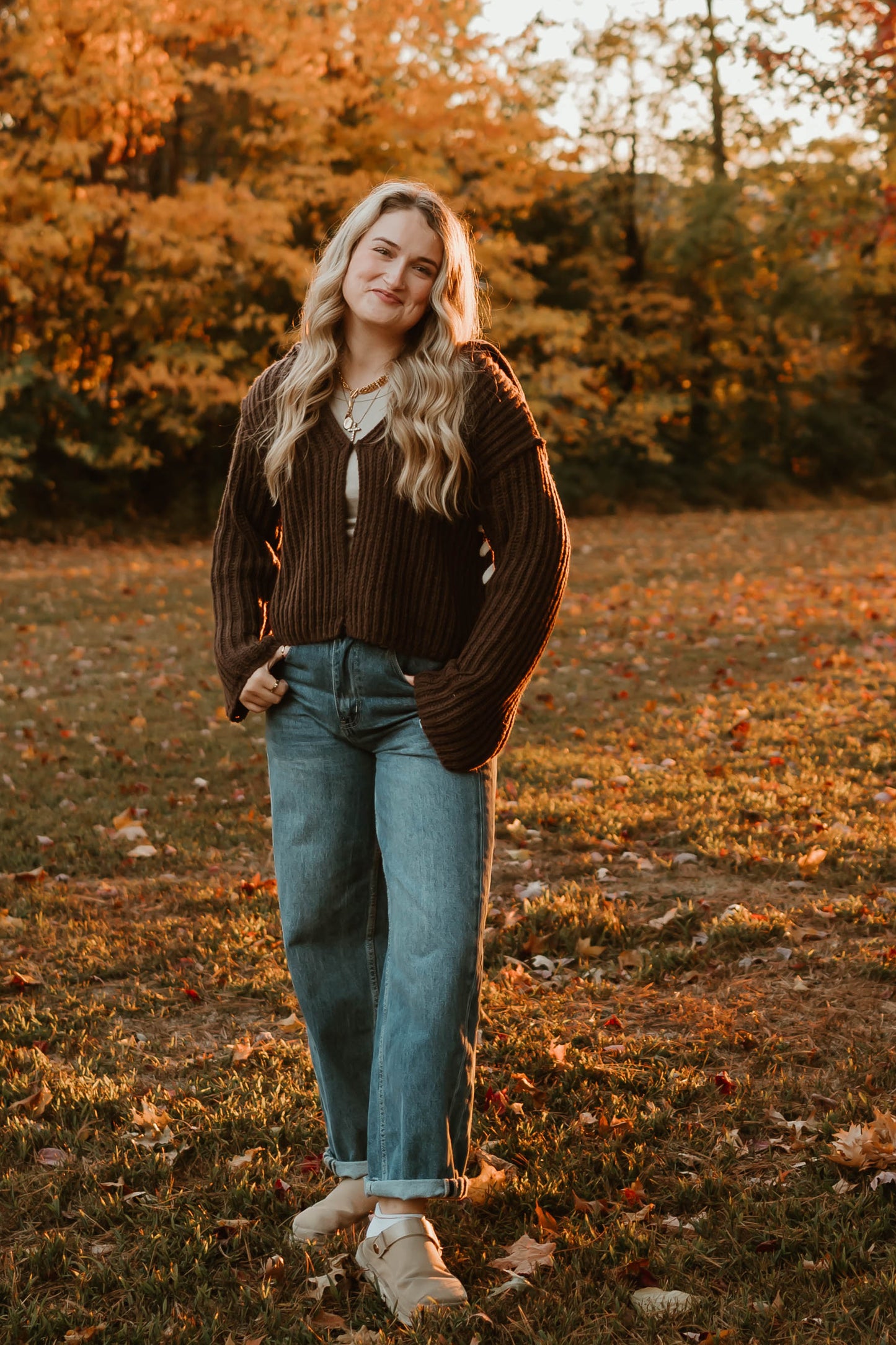 CHOCOLATE COLLARED OPEN STITCH SWEATER