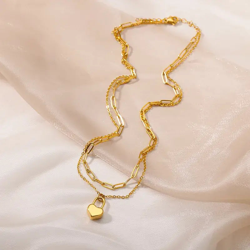 DOUBLE LAYERED PAPERCLIP CHAIN + LOCK HEART