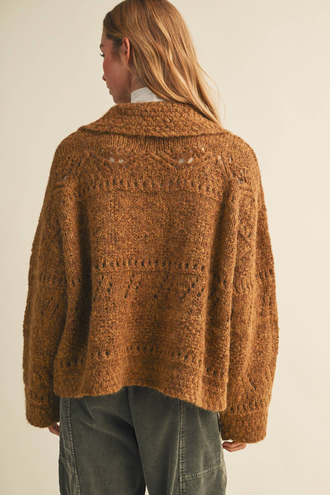 CAMEL OPEN KNIT BUTTON FRONT SWEATER