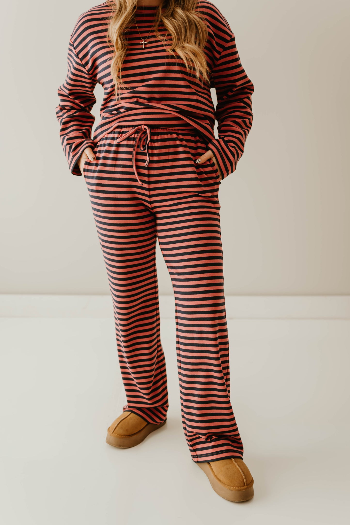 LONG SLEEVE ROUND NECK STRIPE BOXY TOP WITH WIDE LEG PANTS