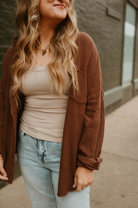 BROWN GAUZE BUTTON DOWN TOP