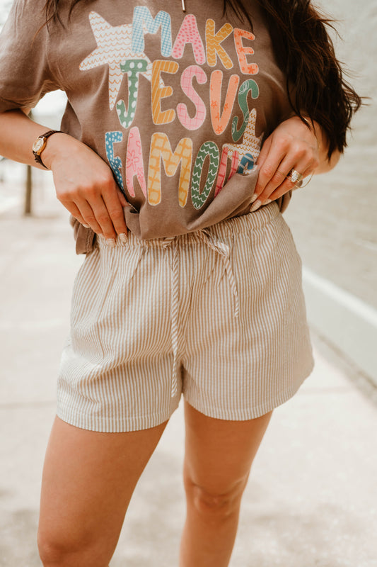 TAUPE STRIPED DRAWSTRING SHORTS