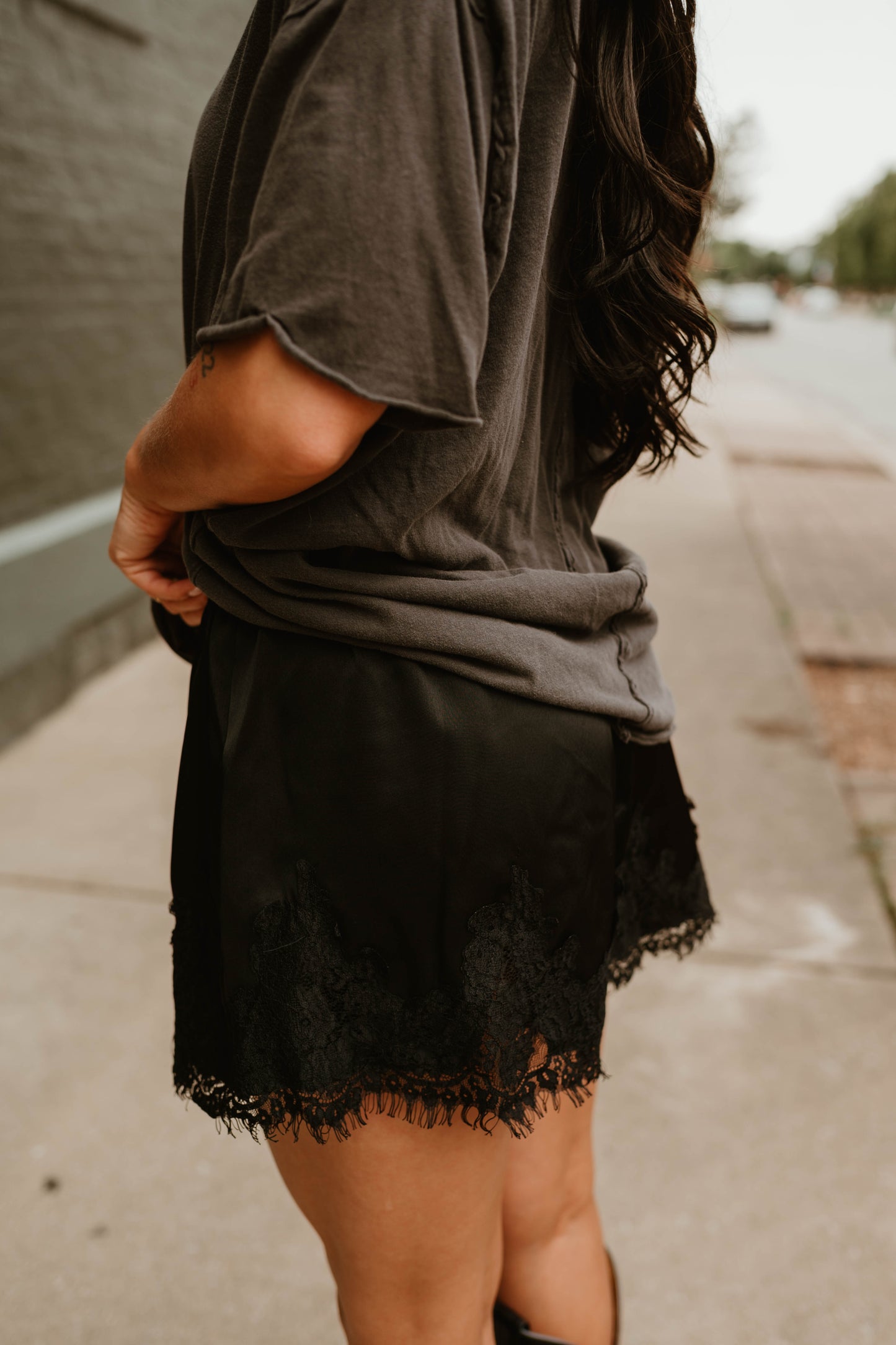 BLACK SATIN LACE TRIM SHORTS