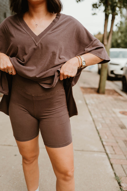 MOCHA OVERSIZED TEE + BIKER SHORT LOUNGE SET