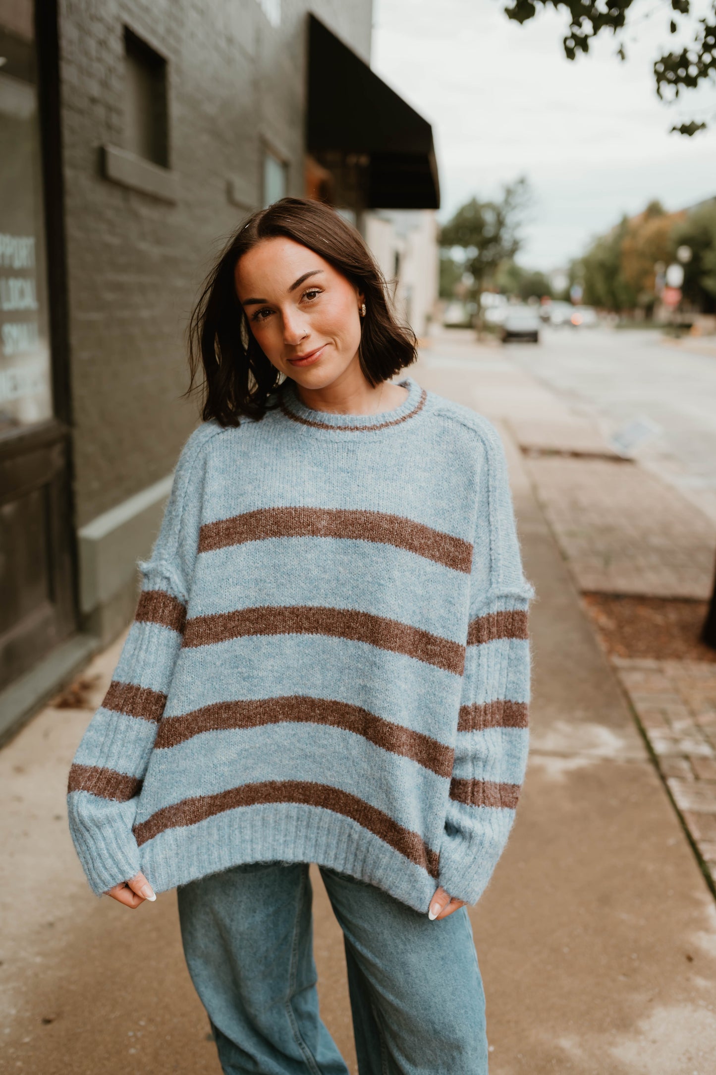 BLUE + MOCHA STRIPED OVERSIZED SWEATER