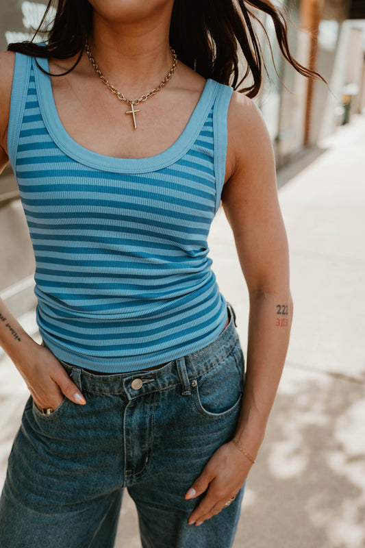 BLUE STRIPED RIBBED KNIT TANK