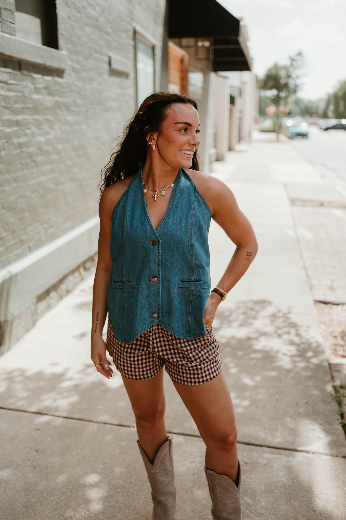 DENIM TIE BACK HALTER TOP