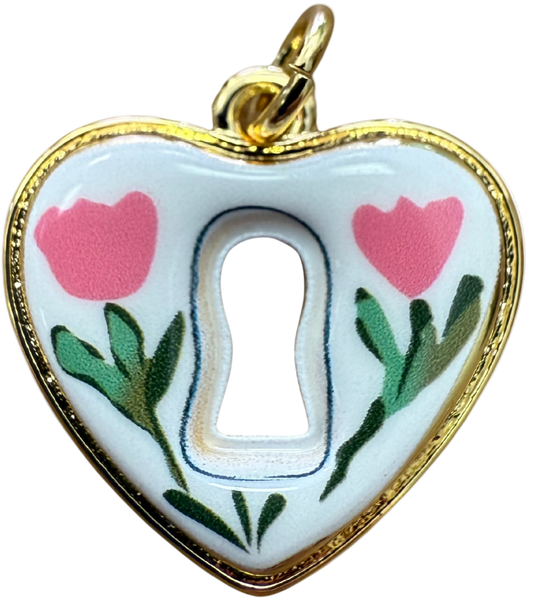 GOLD KEY HOLE HEART FLORAL CHARM